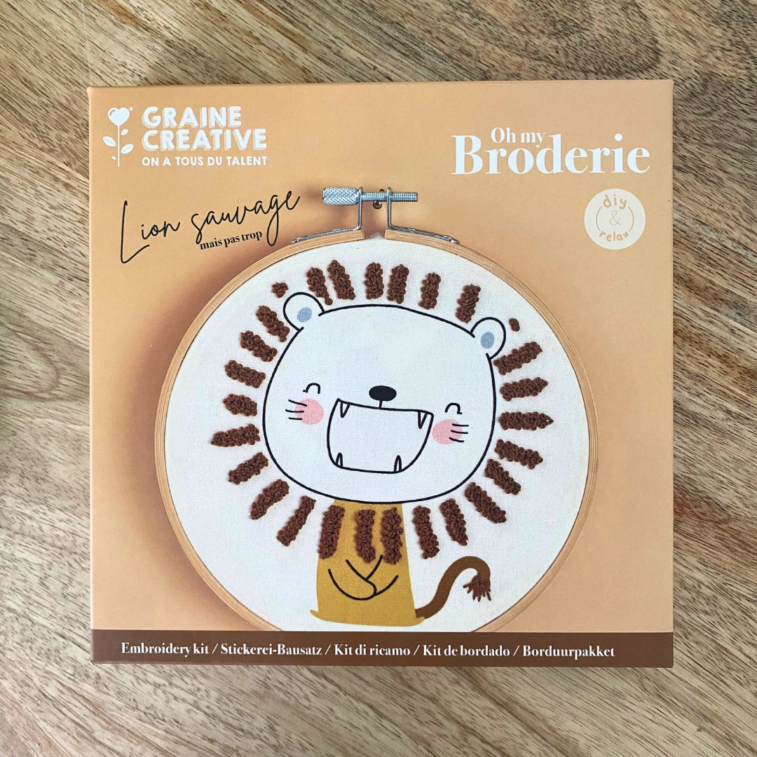 mes-courses-en-vrac-lion-sauvage-kit-broderie-tambour-15-cm image 1