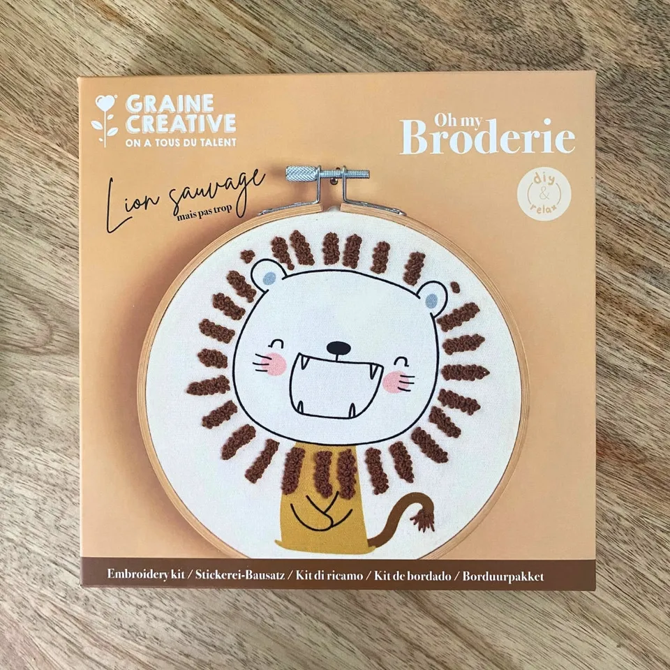 mes-courses-en-vrac-lion-sauvage-kit-broderie-tambour-15-cm image 1